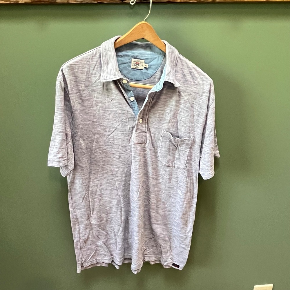 Faherty Brand‎ Men's Medium Blue Striped Short Sleeve Polo Shirt Pocket Casual